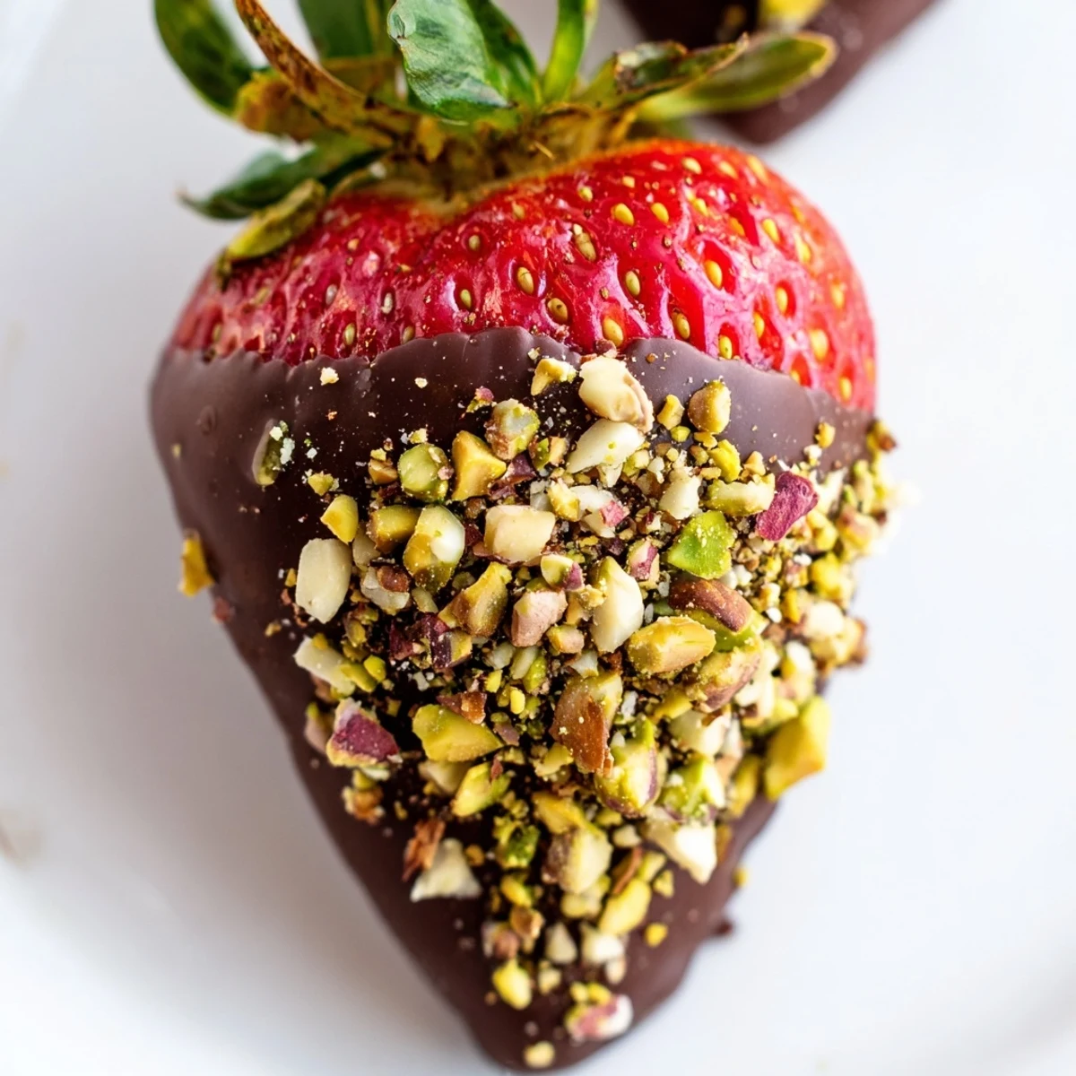 Juicy strawberries coated in melted dark chocolate and rolled in chopped nuts for a crunchy bite.