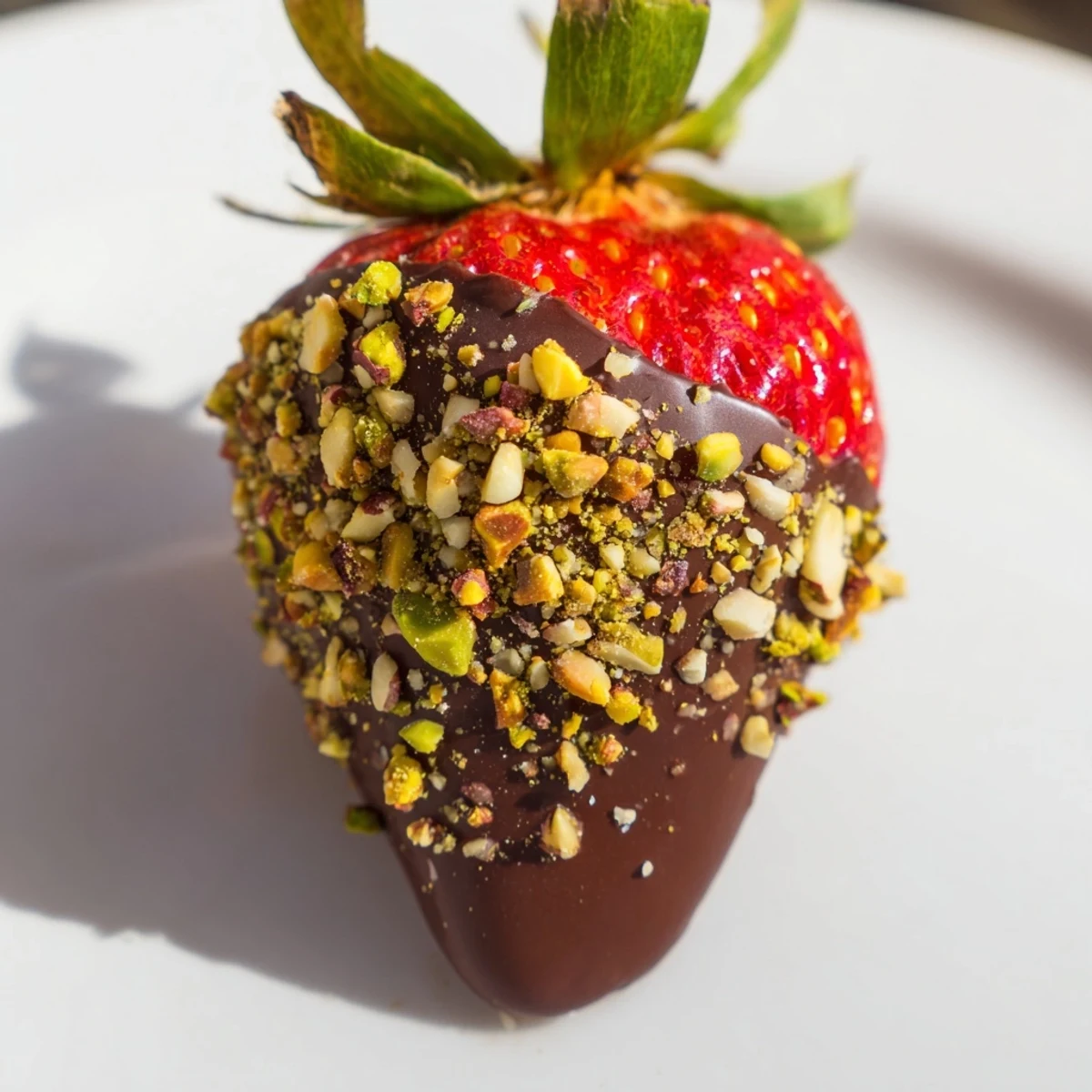 A close-up of chocolate-dipped strawberries with nuts on a marble platter, ready to serve.