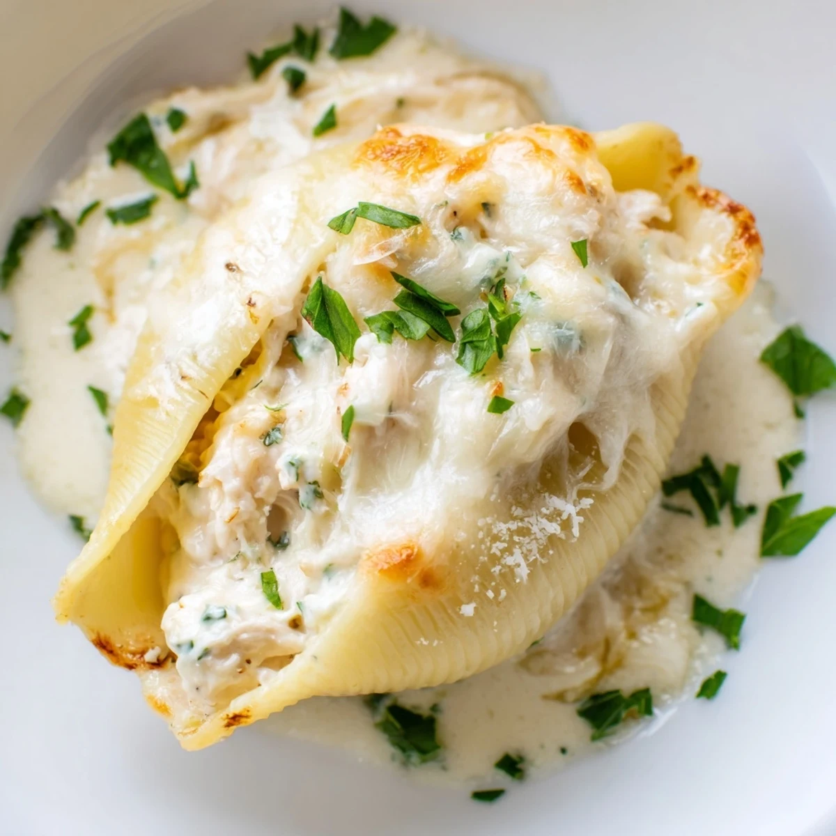Golden, bubbling cheese covers rich Alfredo sauce on baked Chicken Alfredo Stuffed Shells, served with fresh parsley.