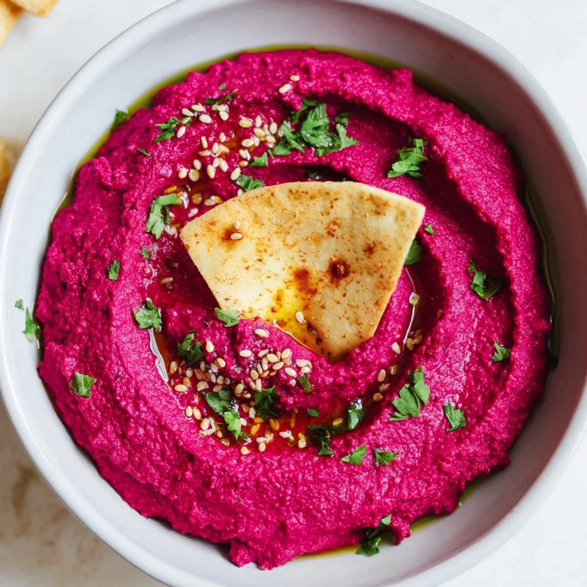 A bowl of vibrant pink Roasted Beet Hummus topped with olive oil, paired with golden, crispy pita chips for dipping.