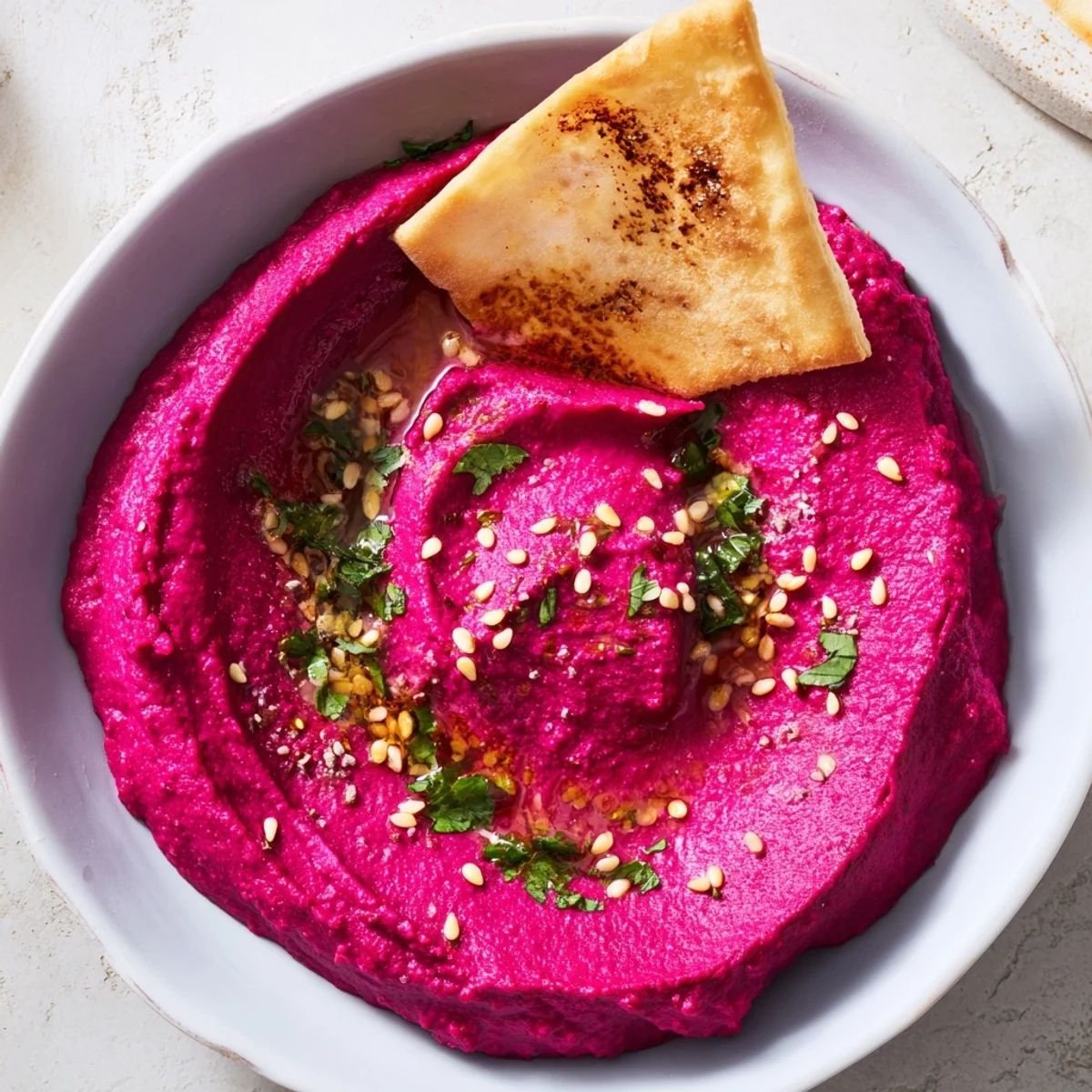 A platter of homemade Roasted Beet Hummus beside stacked pita chips, ready for a healthy appetizer spread.