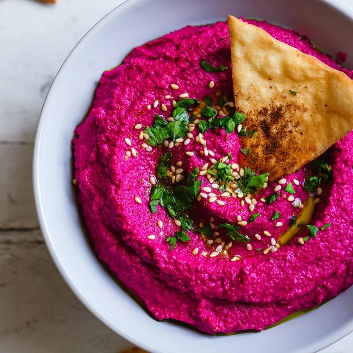 Close-up of creamy Roasted Beet Hummus garnished with herbs, served with crunchy baked pita chips on a rustic plate.