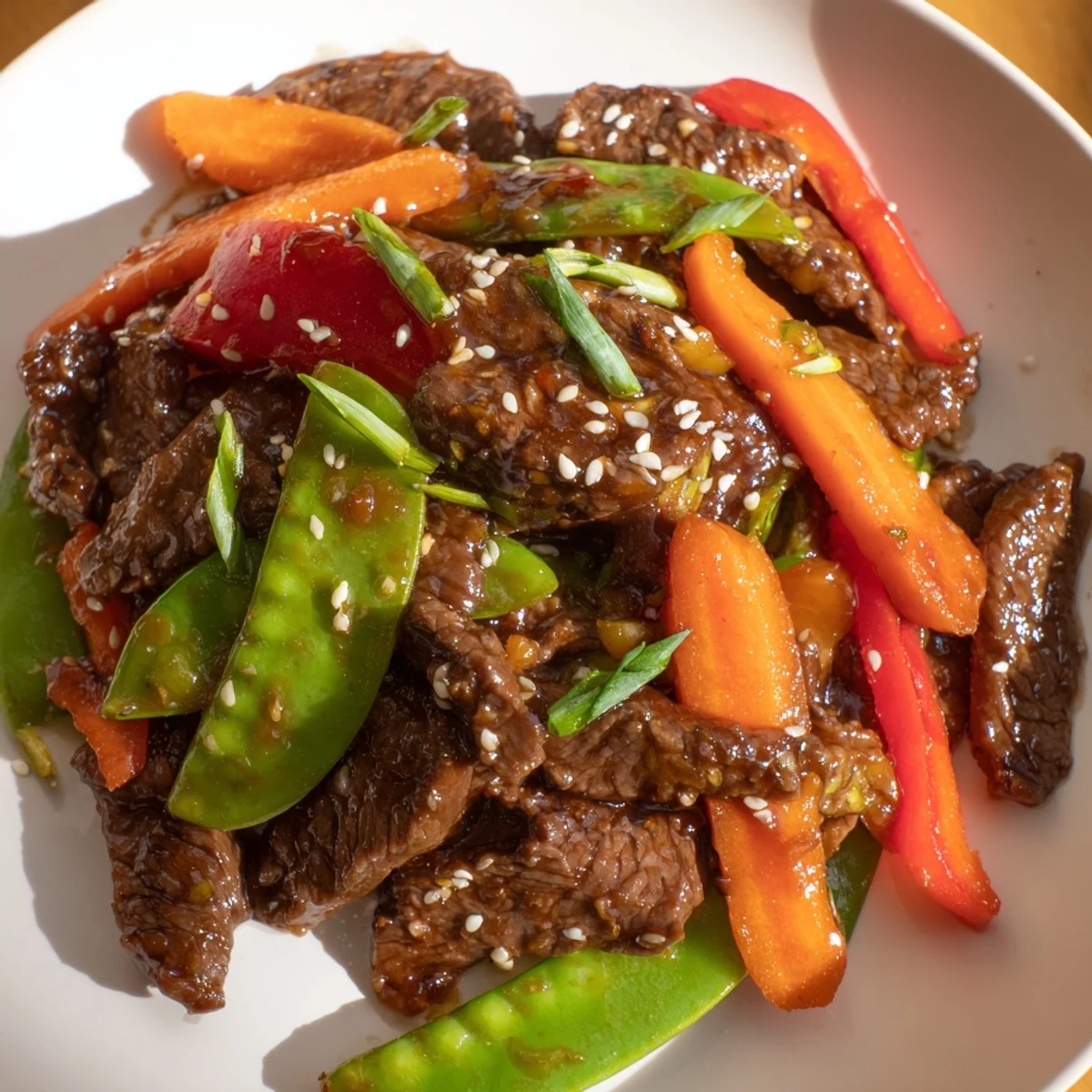 Bright orange carrots and green snow peas mingle with seared beef in Beef Stir Fry with Snow Peas and Carrots, garnished with sesame seeds and scallions.