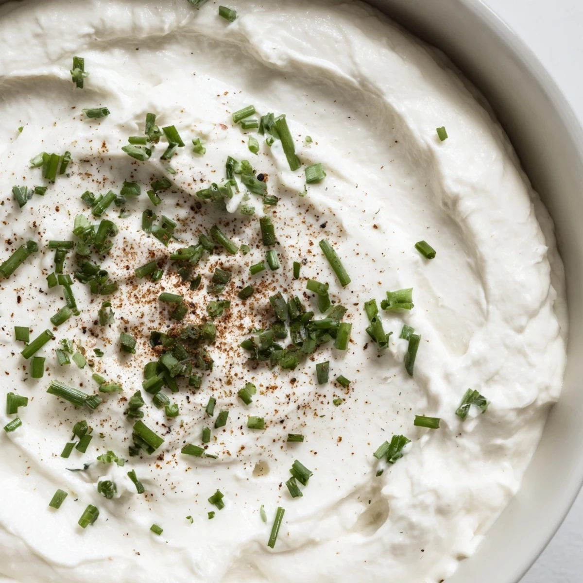 Freshly prepared Creamy Dip Bowl garnished with chives, paired with colorful vegetable crudités and crunchy crackers for dipping.