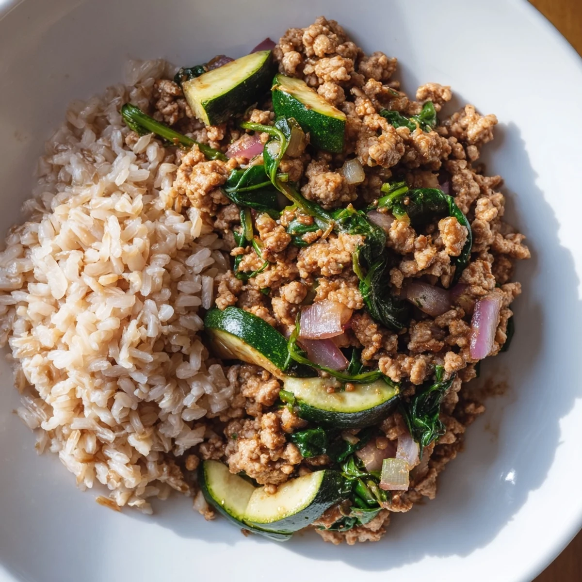 Ground turkey meal prep with roasted bell peppers and zucchini served over fluffy brown rice.