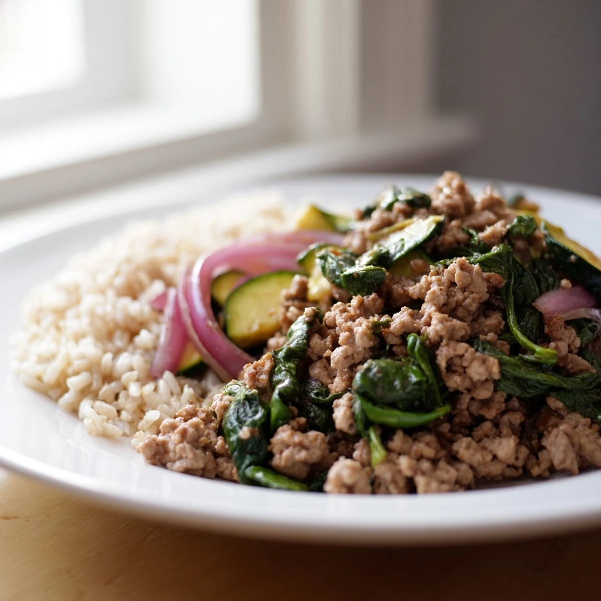 Hearty turkey meal prep containers with spinach, roasted veggies, and brown rice for lunches.