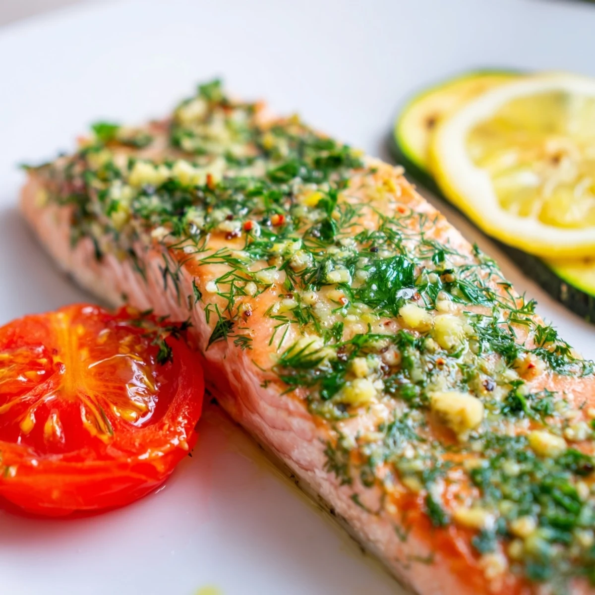 Perfectly baked salmon fillets glistening with lemon and herbs on a platter with roasted vegetables.