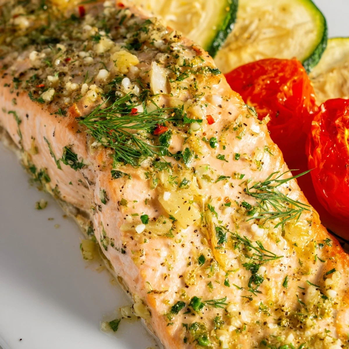 A fresh slice of baked salmon on a platter, flaking easily with a fork alongside roasted veggies.