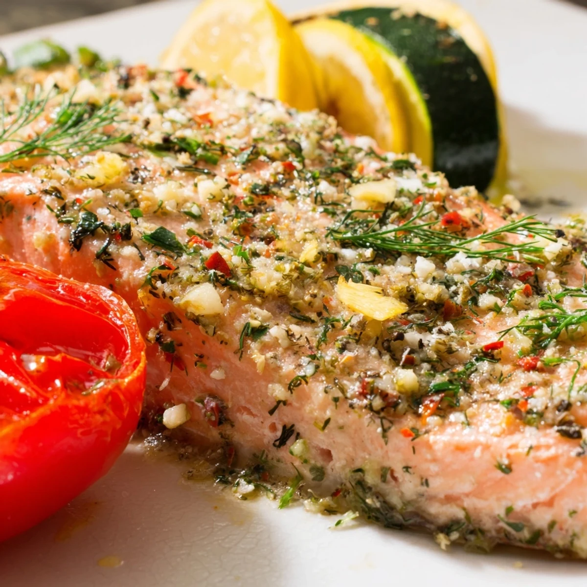 Close-up of a plated Baked Salmon Platter featuring seasoned fillets and colorful roasted vegetables for a healthy meal.