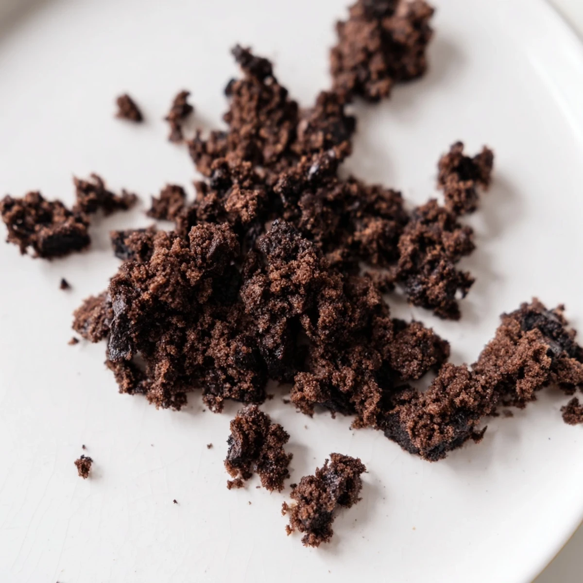 A close-up of Chocolate Cookie Crumble reveals rich cocoa texture, resting beside a glass of cold milk.