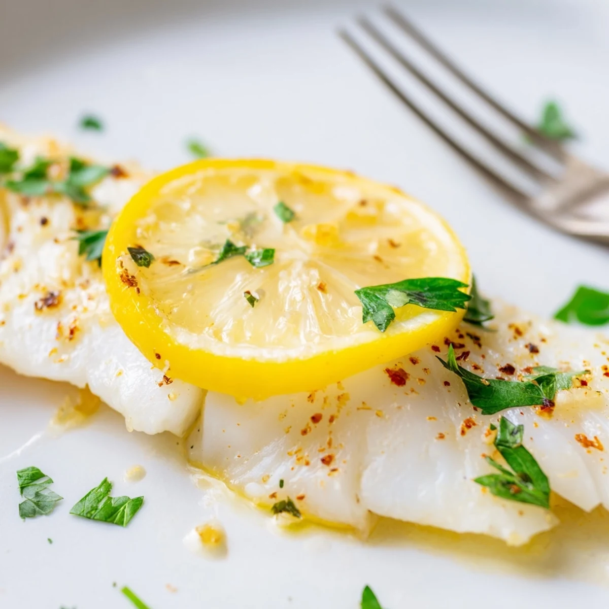 Flaky Baked Cod Fish Fillet resting on parchment, brushed with lemon-garlic olive oil marinade.