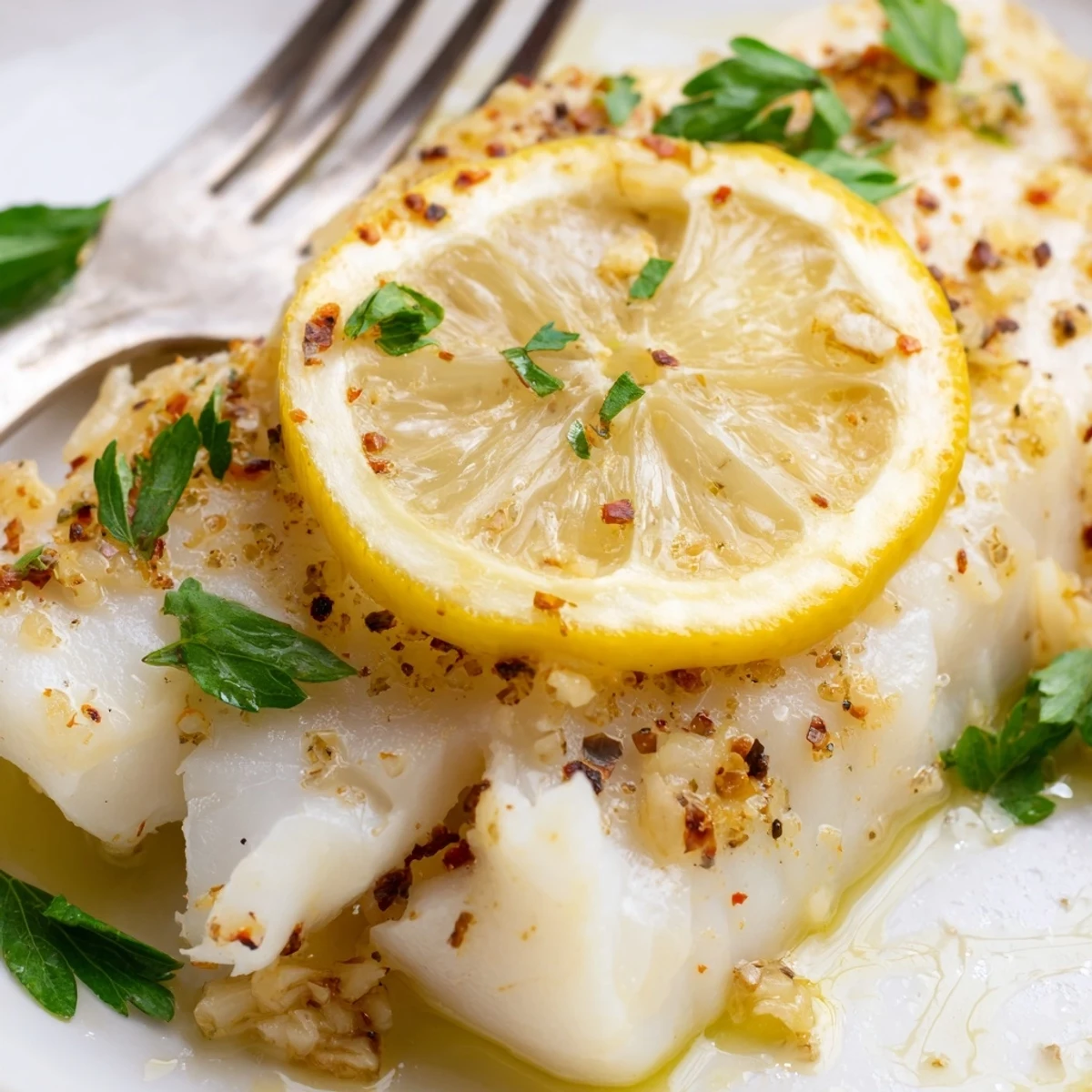 Golden Baked Cod Fish Fillet with lemon slices and fresh parsley garnish on a white plate.