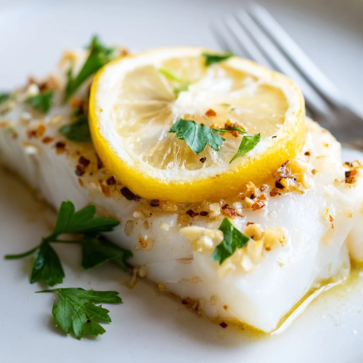 Serving of Baked Cod Fish Fillet paired with roasted potatoes and steamed green vegetables.