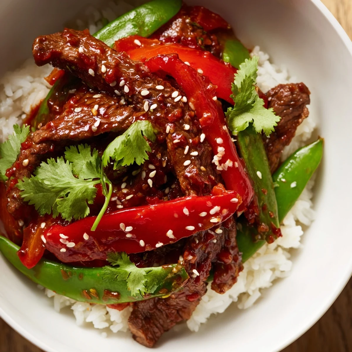 Close-up of a flavorful Spicy Beef Bowl with tender beef strips, crisp snap peas, and red bell peppers over steamed jasmine rice, garnished with sesame seeds and green onions.