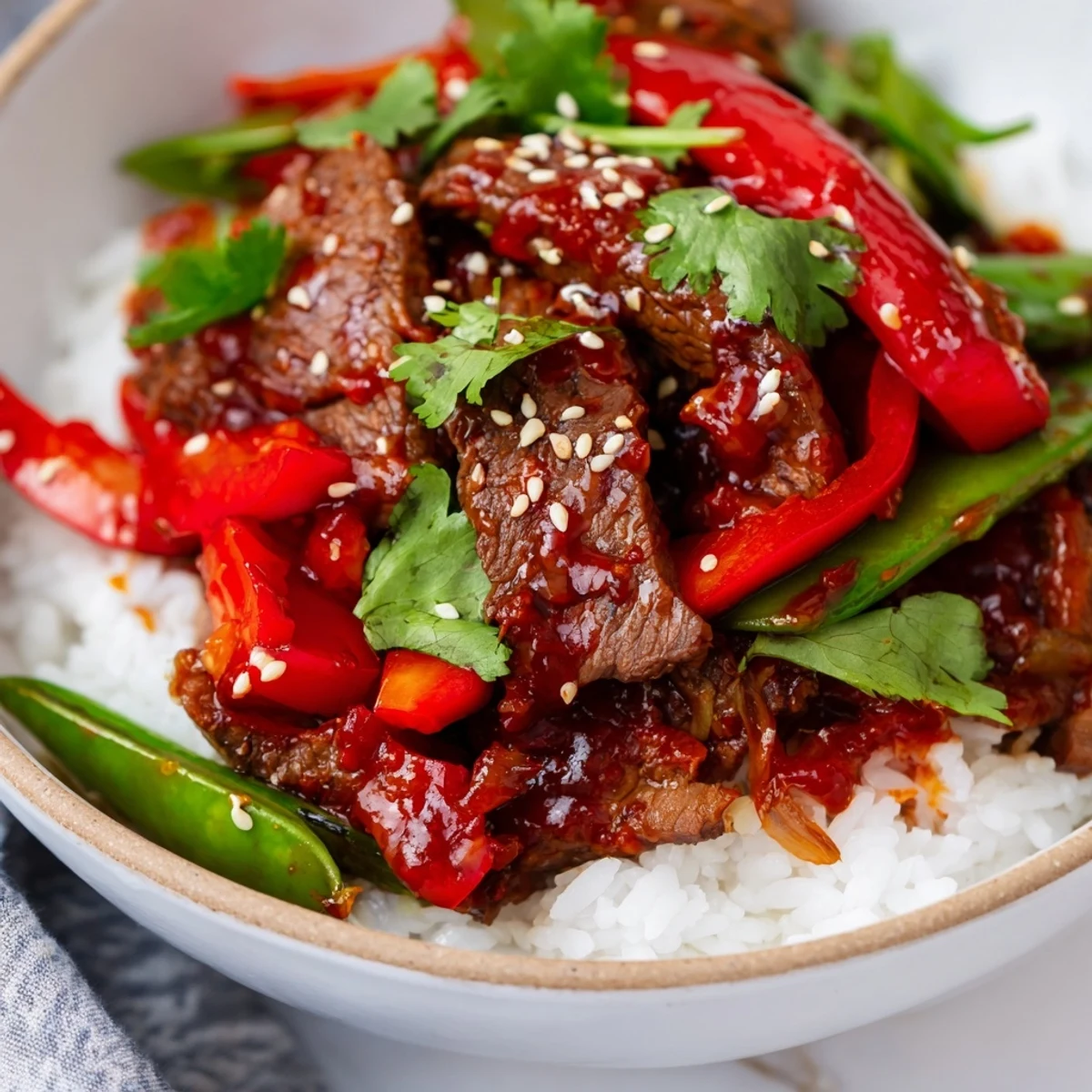 Spicy Beef Bowl served with colorful julienned carrots and snap peas, drizzled with a glossy, spicy sauce and topped with fresh cilantro leaves.