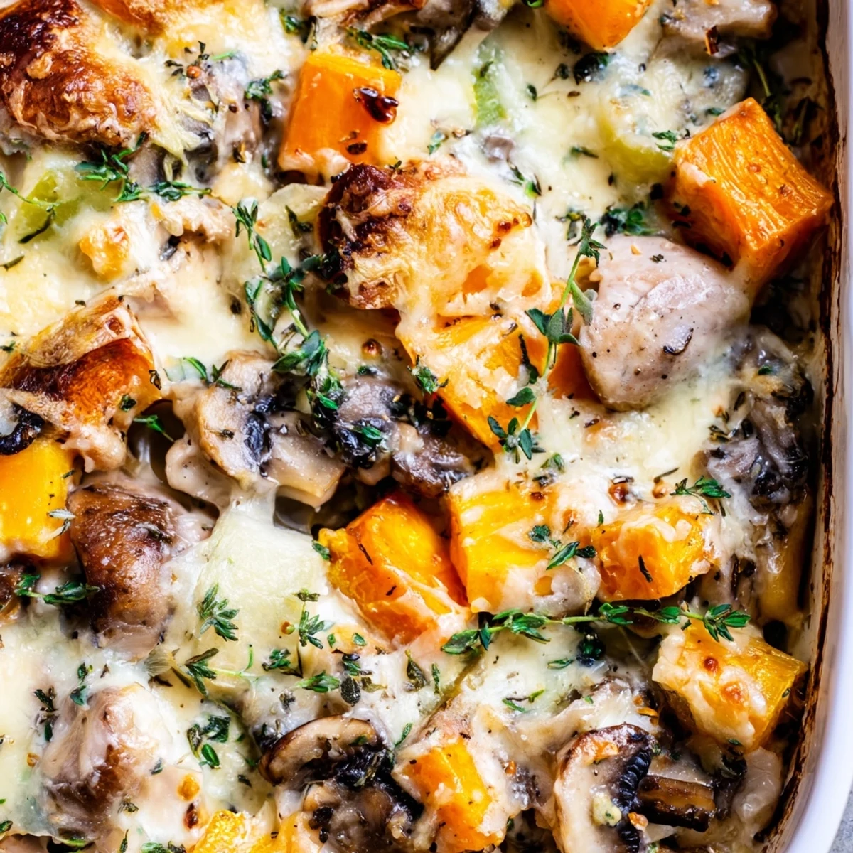 Spoon lifting a hearty portion of Winter Dish Casserole revealing layers of carrots and parsnips.