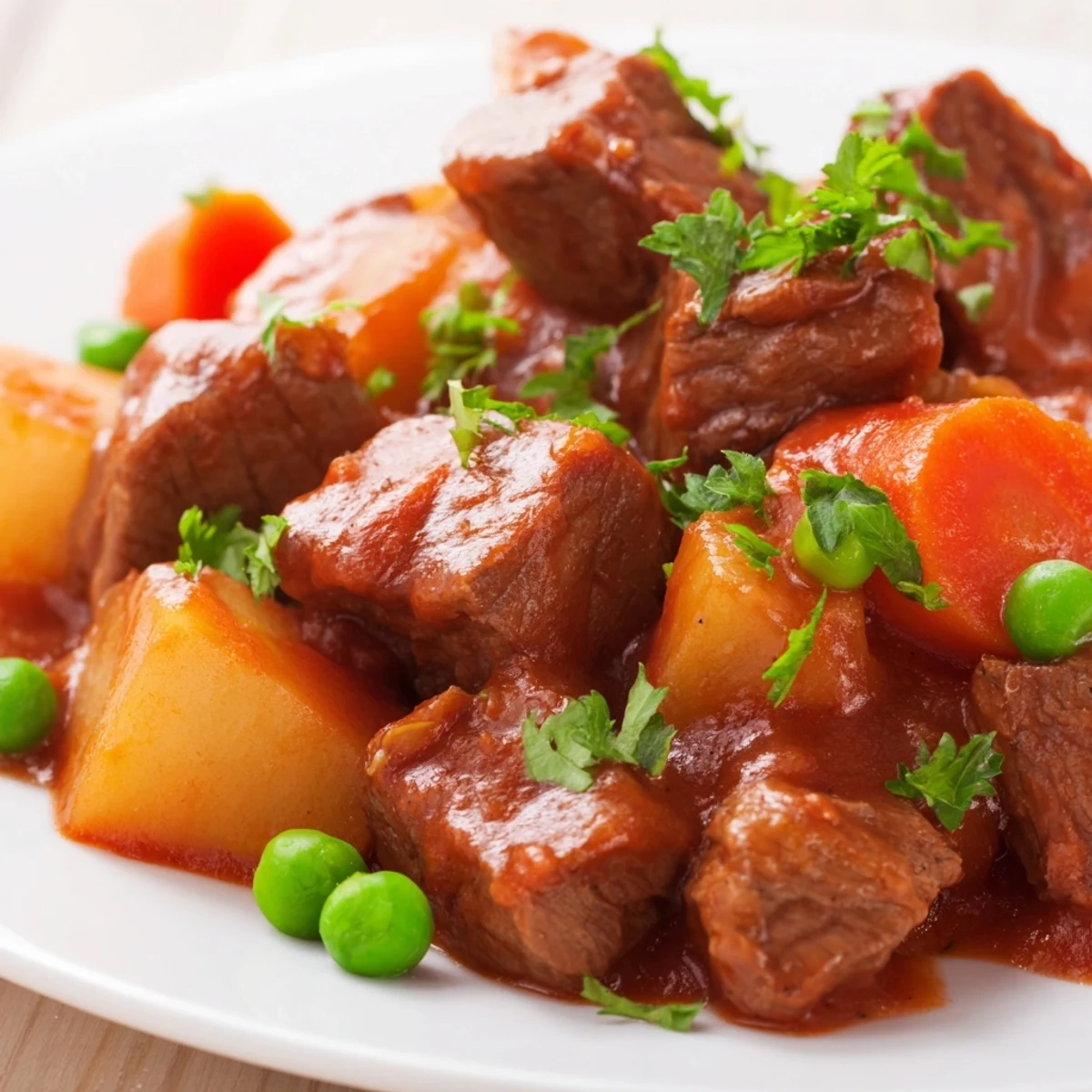 Golden-brown Beef Dish Casserole with tender beef cubes, carrots, and potatoes bubbling in a savory sauce.