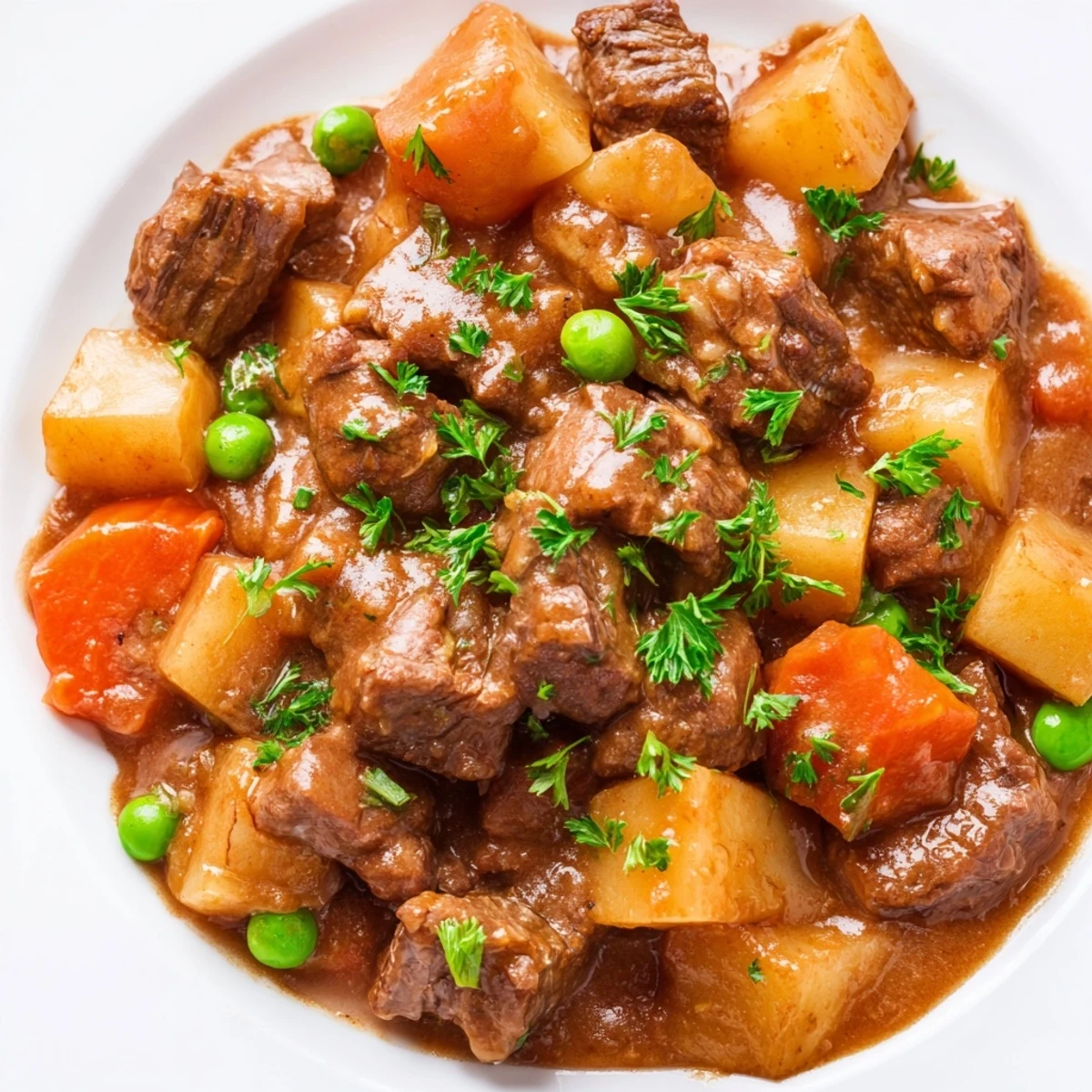Hearty Beef Dish Casserole served straight from the oven, garnished with fresh parsley alongside crusty bread.