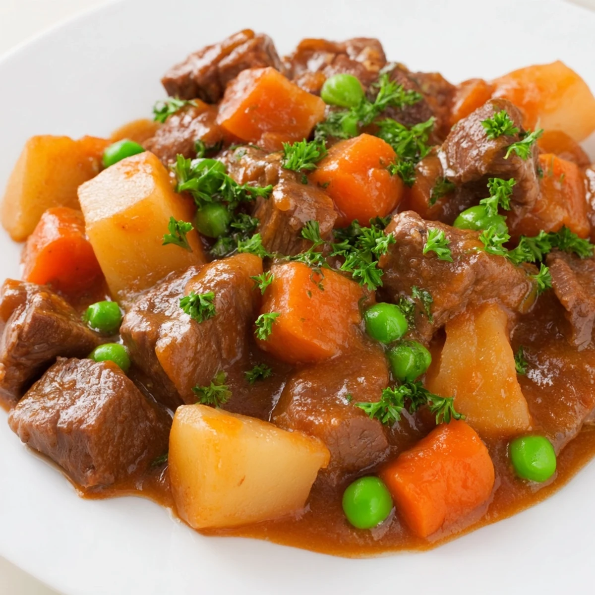 Steamy Beef Dish Casserole in a Dutch oven, featuring peas and carrots in a rich, thick gravy.