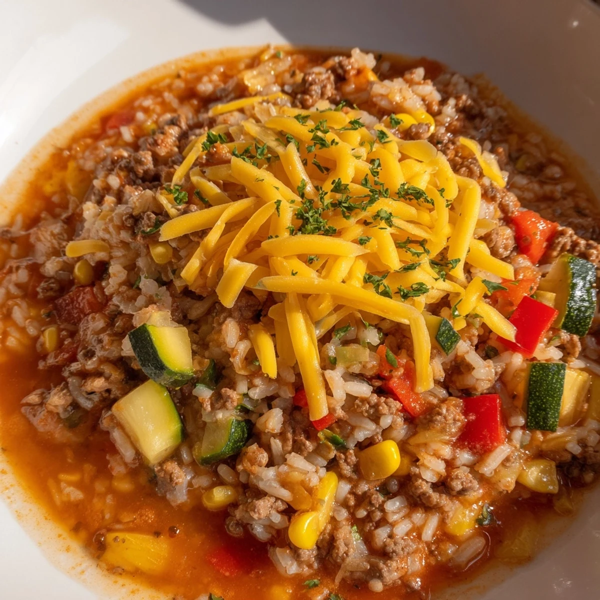 Golden-brown ground beef, sautéed bell peppers, and melted cheddar cheese in the Beef Meal Skillet garnished with fresh parsley.