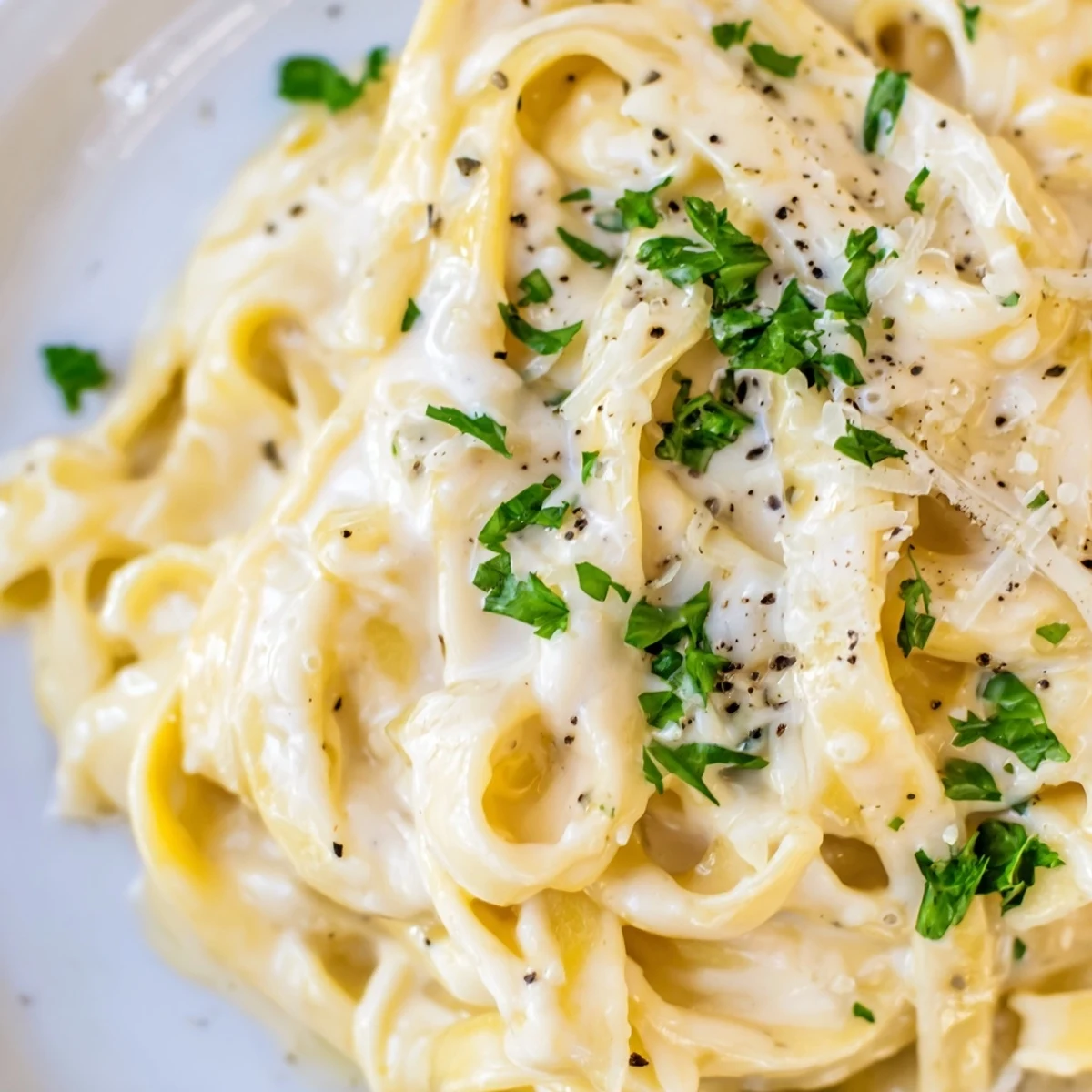 Creamy Dish Pasta plated with fresh parsley, steaming beside a crisp salad and a glass of Pinot Grigio.