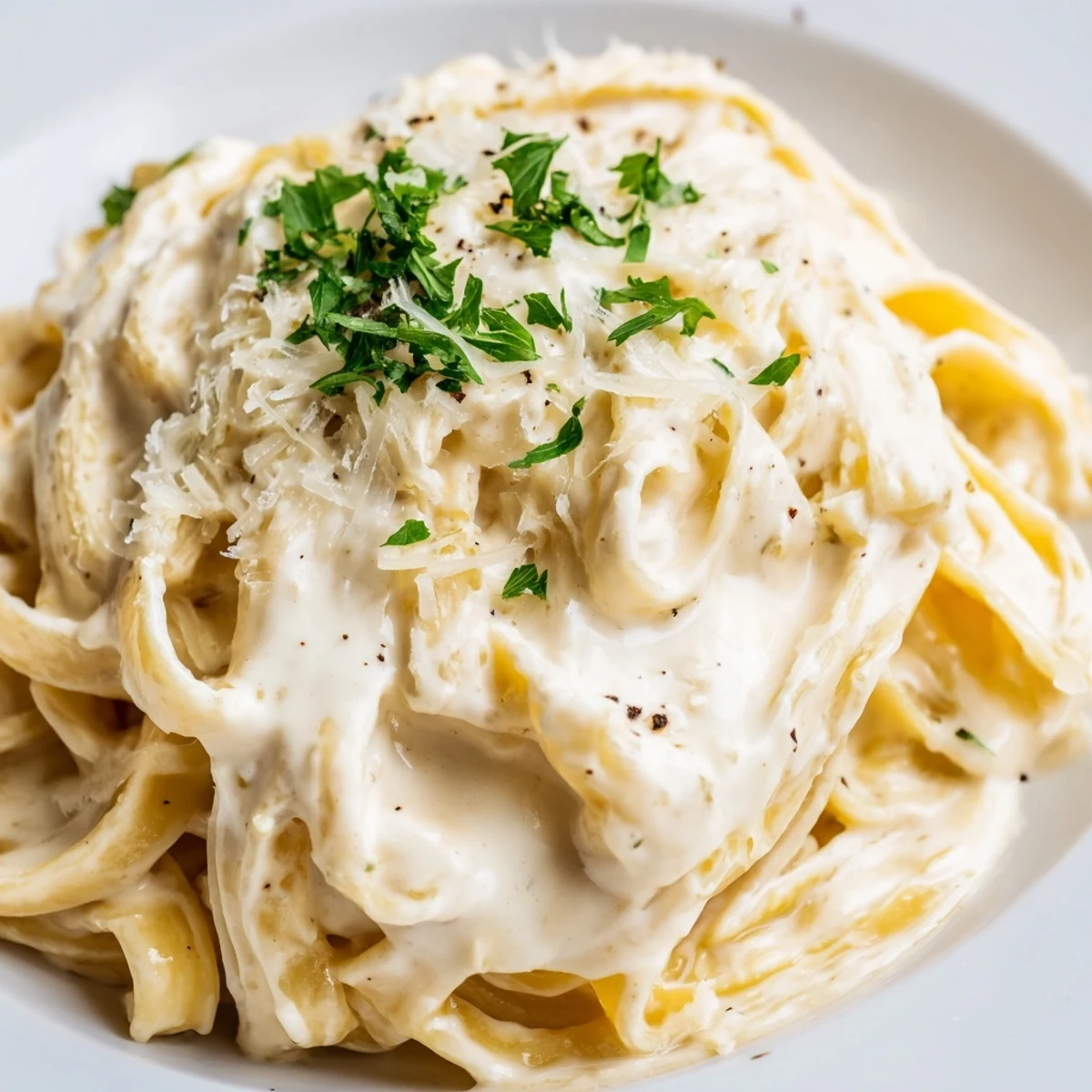 Creamy Dish Pasta twirled on a fork, smothered in a velvety Parmesan garlic cream sauce, ready to serve.