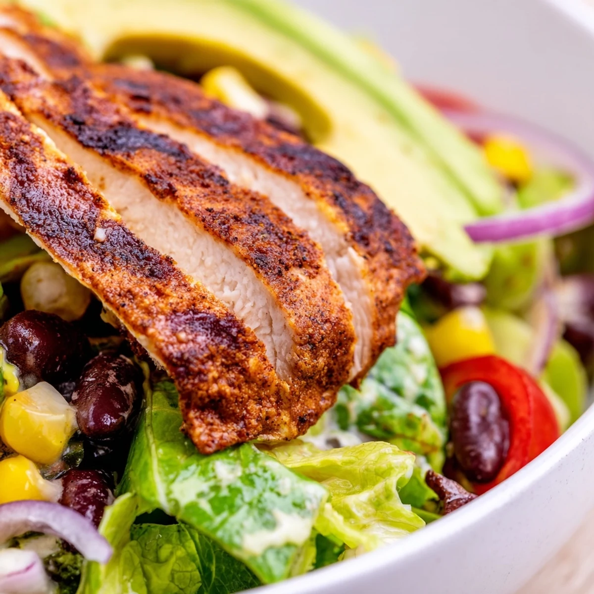 Freshly grilled chili-spiced chicken slices fanned over a crisp bed of romaine lettuce with black beans, sweet corn, and diced tomatoes, ready to be tossed with a zesty lime vinaigrette.