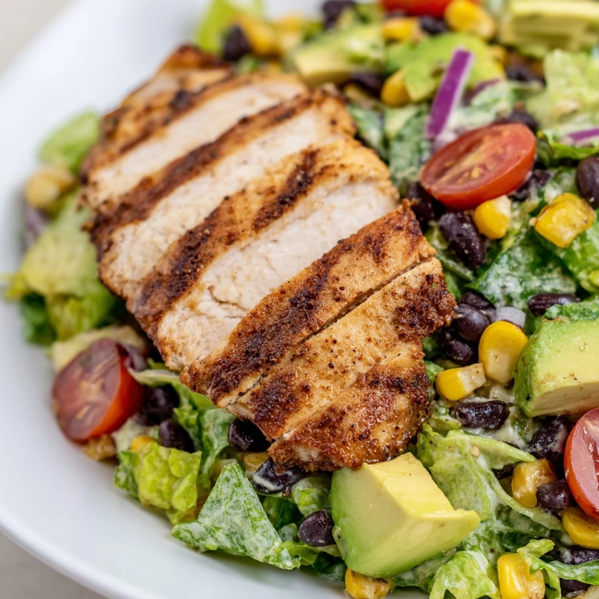 An overhead view of a complete Southwest Chicken Salad, featuring juicy sliced chicken, colorful veggies, and a drizzle of honey-lime dressing, plated for a family-style dinner.