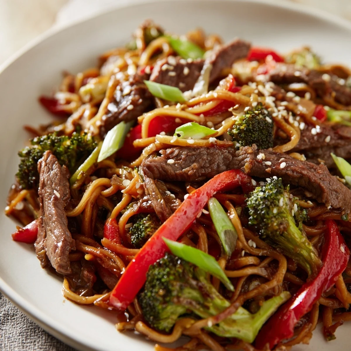Steaming Beef and Broccoli Lo Mein with Sesame is plated with fresh green onions and sesame seeds.