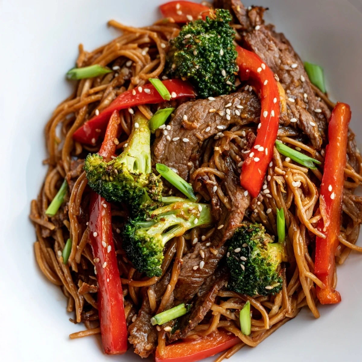 A skillet of Beef and Broccoli Lo Mein with Sesame is tossed in glossy sauce with red peppers.