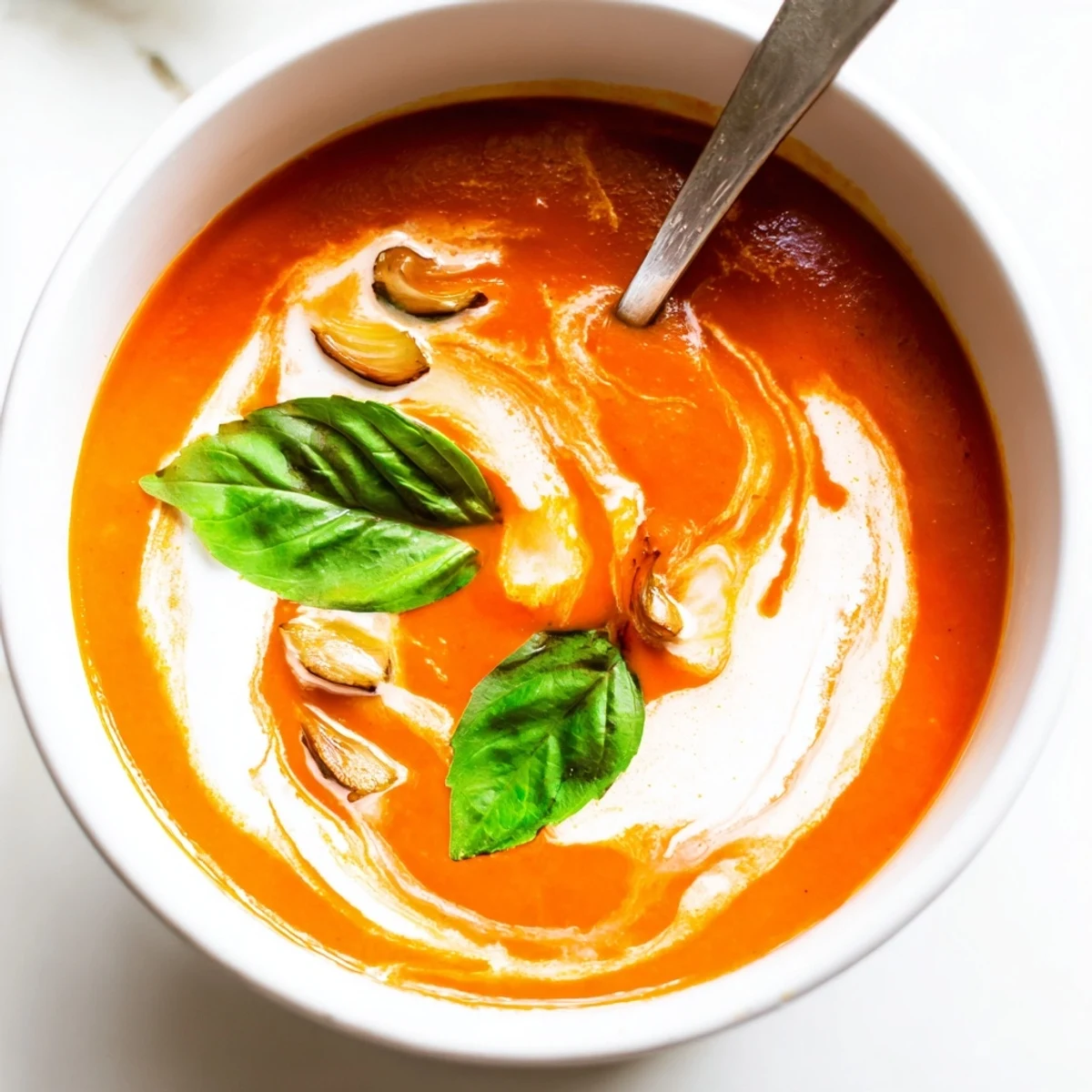 Roasted Garlic and Tomato Basil Soup with tender, caramelized vegetables blended into a smooth, velvety broth in a rustic bowl.
