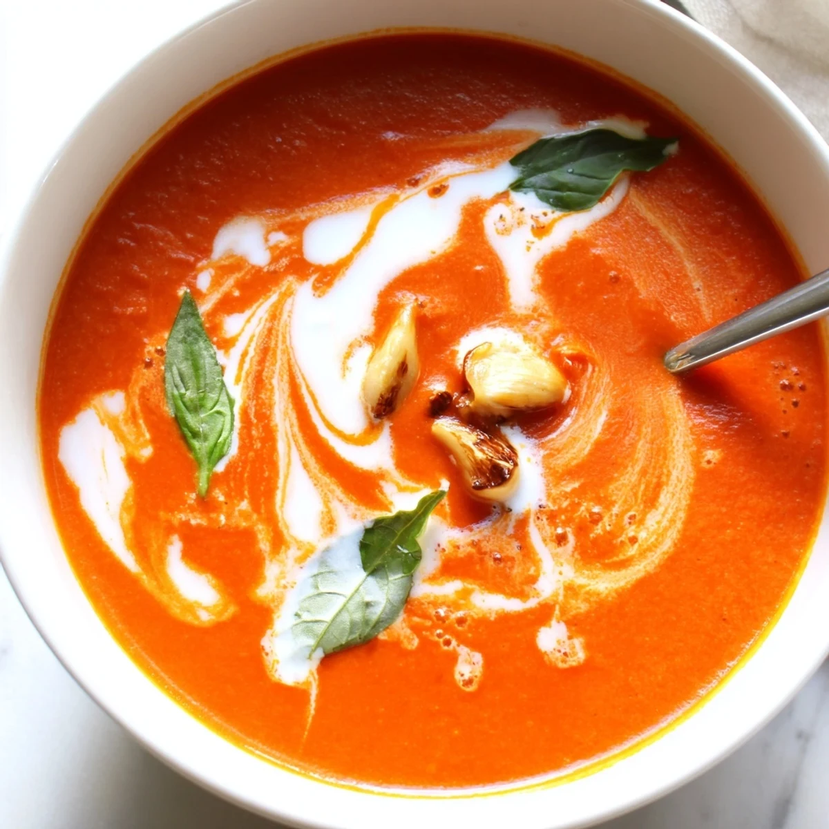 A bowl of Roasted Garlic and Tomato Basil Soup garnished with fresh basil and a swirl of cream, served with crusty bread for dipping.