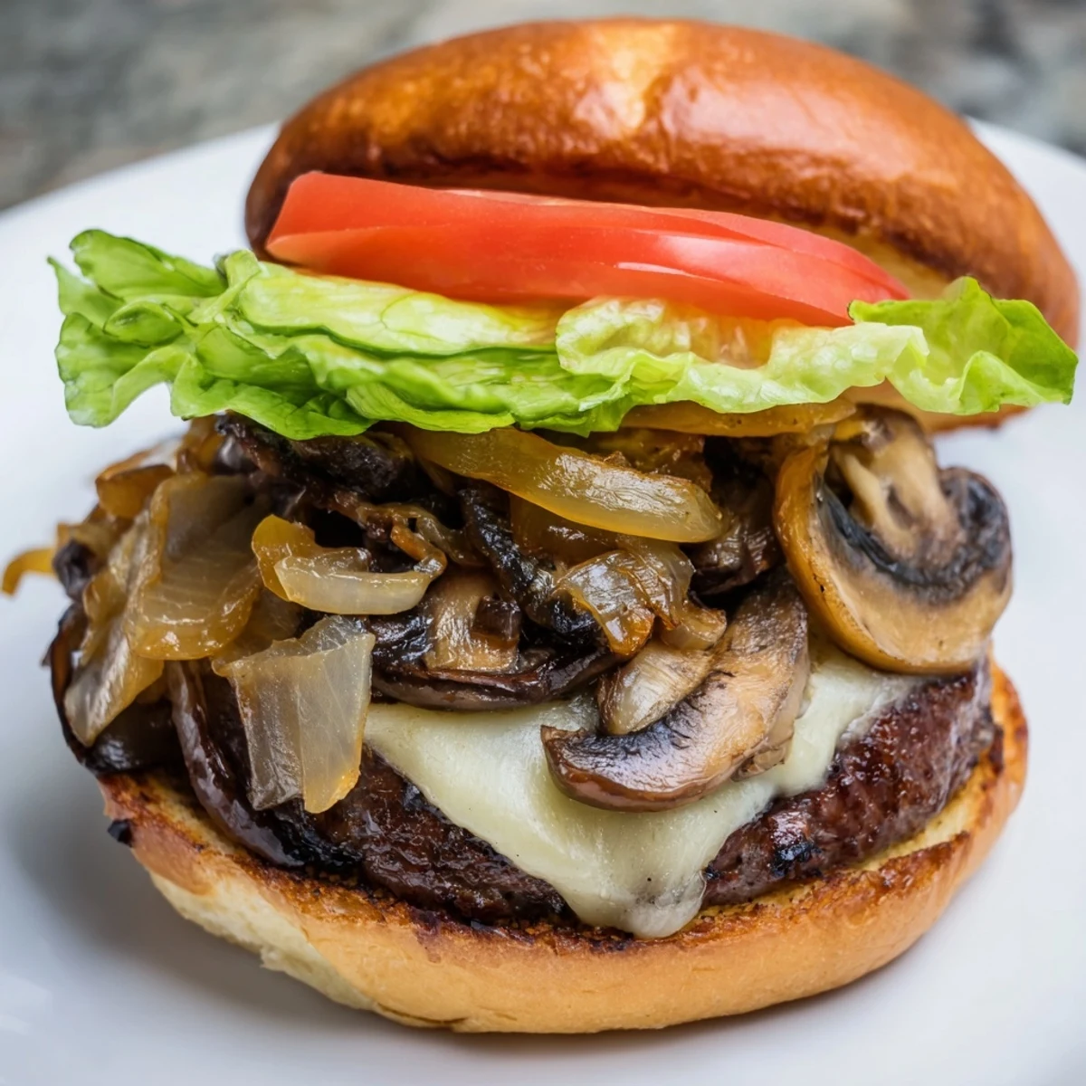 Served on a wooden board, this gourmet burger is ready to be enjoyed for dinner.