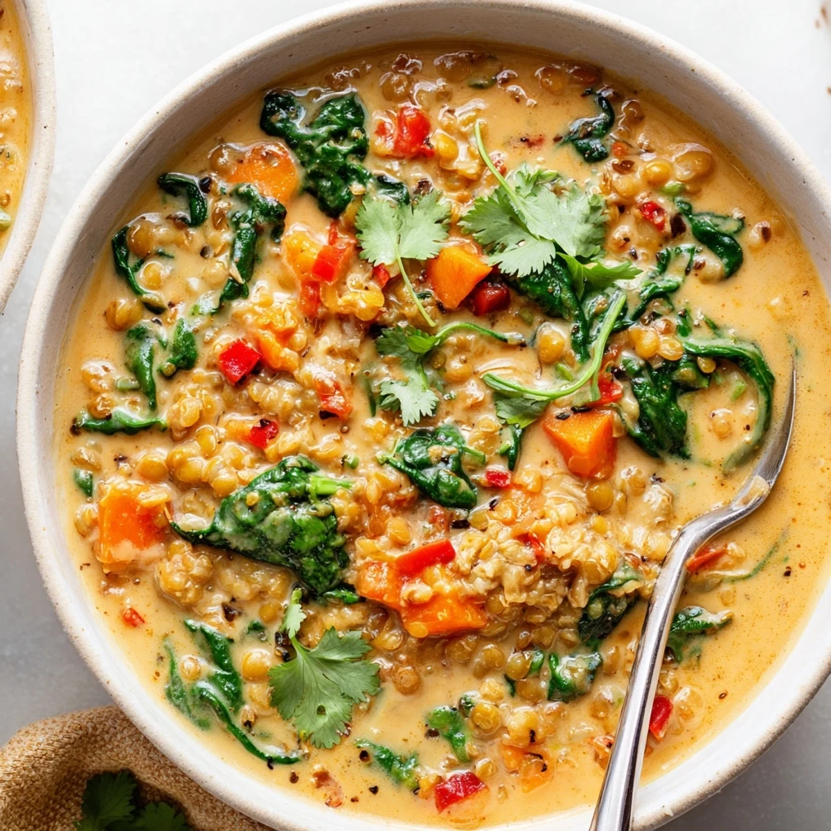 Creamy Coconut Curry Lentil Soup with Spinach, ready to serve with crusty bread.