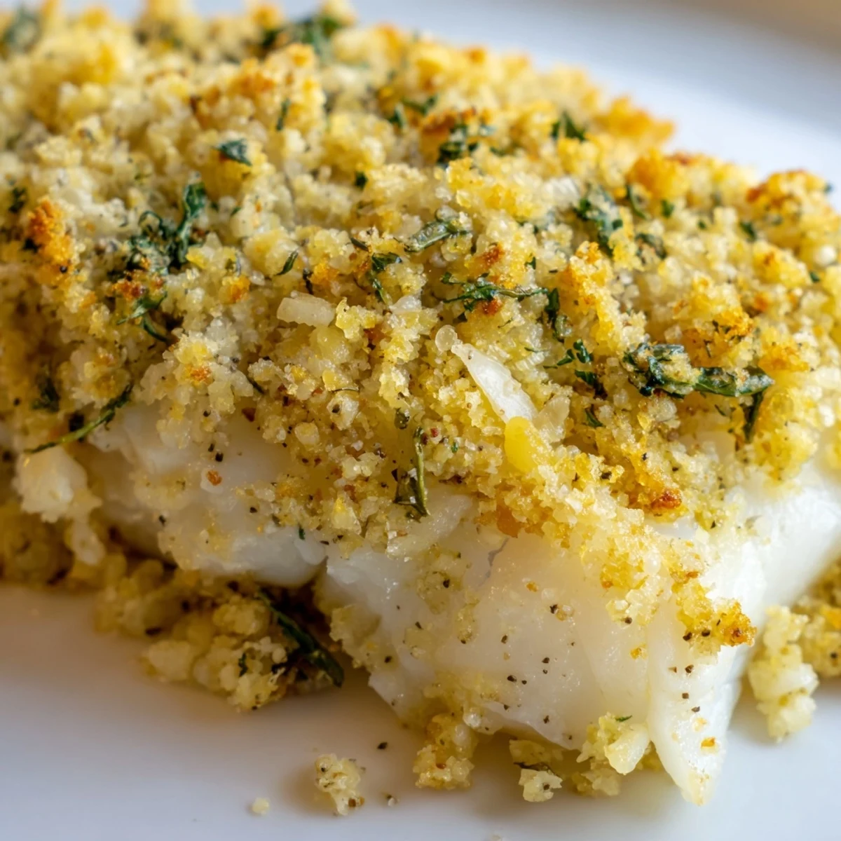 Flaky white fish topped with golden brown herbed breadcrumbs, baked to perfection for an easy weeknight dinner main course.