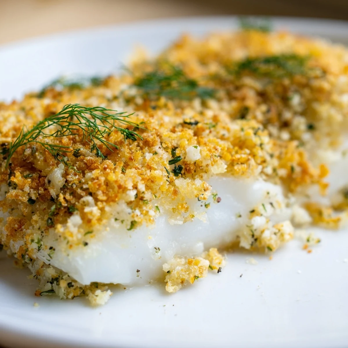 Freshly baked cod fillets with a crispy lemon herb butter crumb topping, served hot with lemon wedges on a white plate.