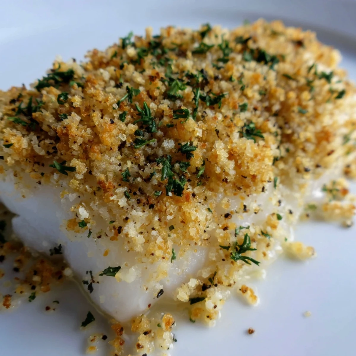 Close-up of baked cod with lemon herb butter crumb, featuring a crisp, buttery topping and tender fish flakes.