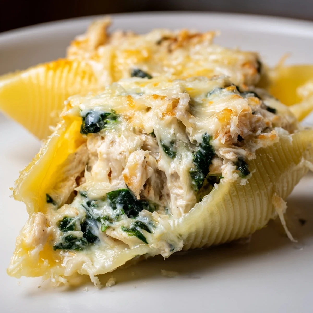 Golden-brown Chicken Alfredo Stuffed Shells with spinach bubbling with melted mozzarella, fresh parsley garnish.