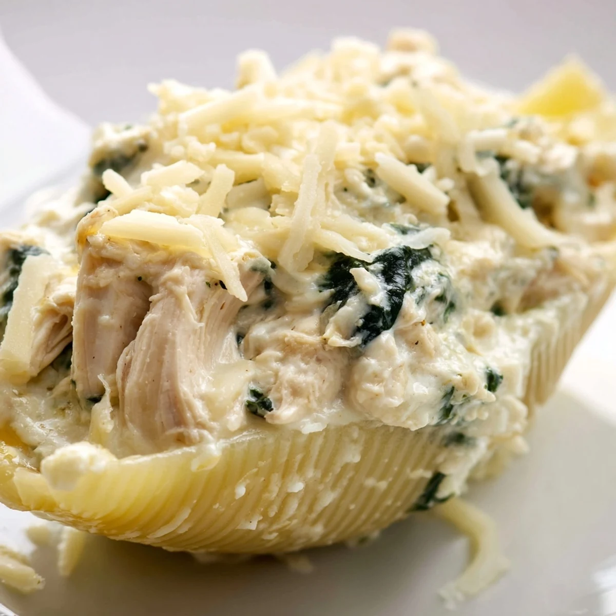Hearty Chicken Alfredo Stuffed Shells served on a dinner plate with a crisp side salad.