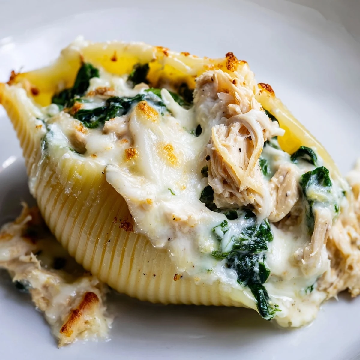 Creamy Chicken Alfredo Stuffed Shells just out of the oven, rich sauce pooling in the pan.