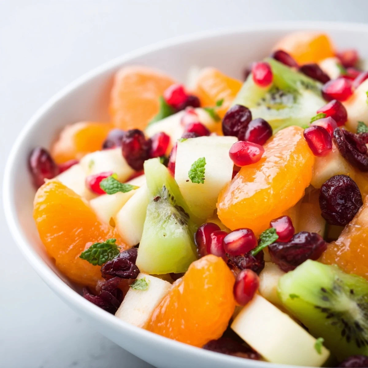 A vibrant bowl of Winter Fruit Salad with Honey Lime Dressing features jewel-toned pomegranate arils, citrus segments, and fresh mint garnish.