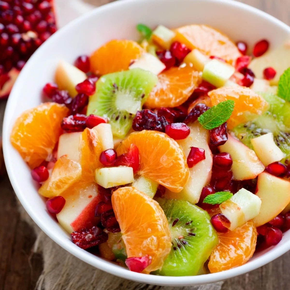Brightly colored winter fruits in Winter Fruit Salad with Honey Lime Dressing are tossed in a glossy, zesty dressing on a white platter.