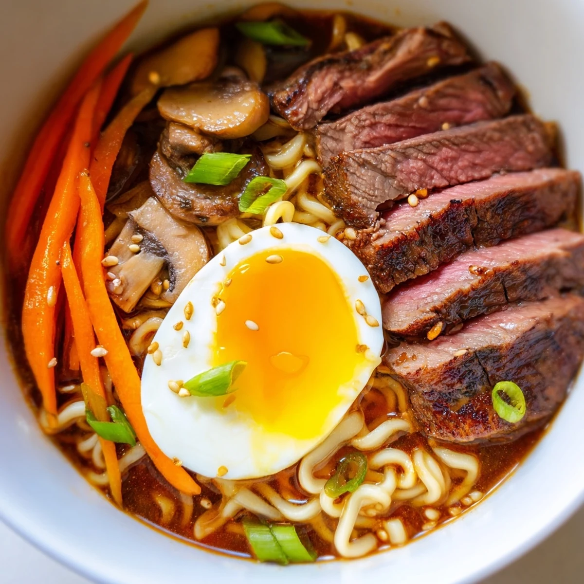 A close-up of Spicy Beef Ramen with Soft Boiled Egg in a rustic bowl, featuring tender beef slices and glistening red broth.