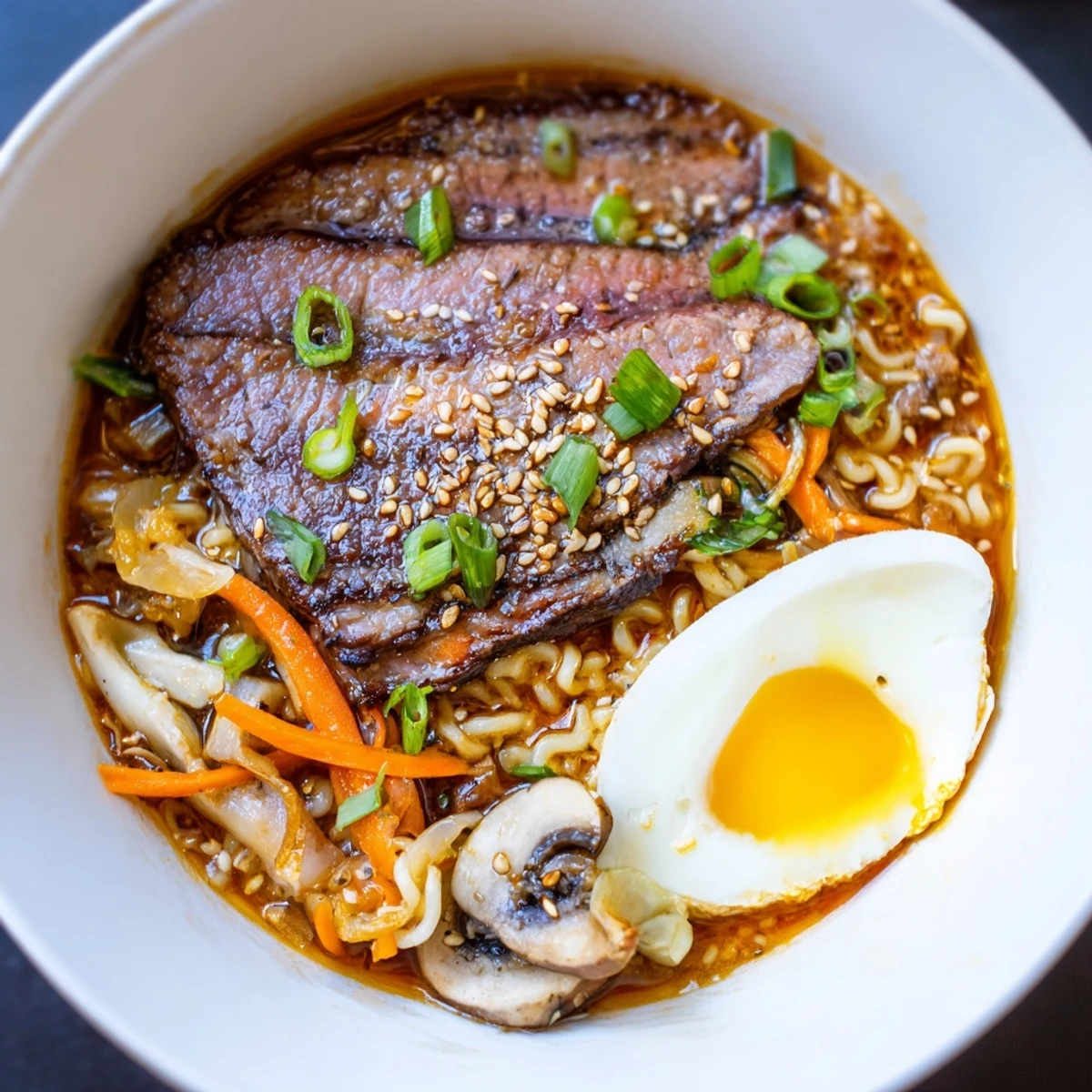 Steam rises from a serving of Spicy Beef Ramen with Soft Boiled Egg, showing carrots, bok choy, and noodles.