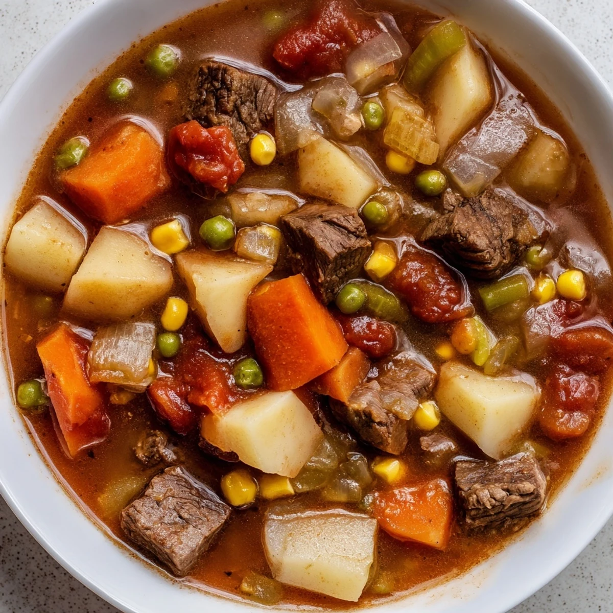 Steam rises from a Dutch oven of Beef Vegetable Soup with Potatoes, Peas, and Corn, filled with colorful vegetables and tender beef.