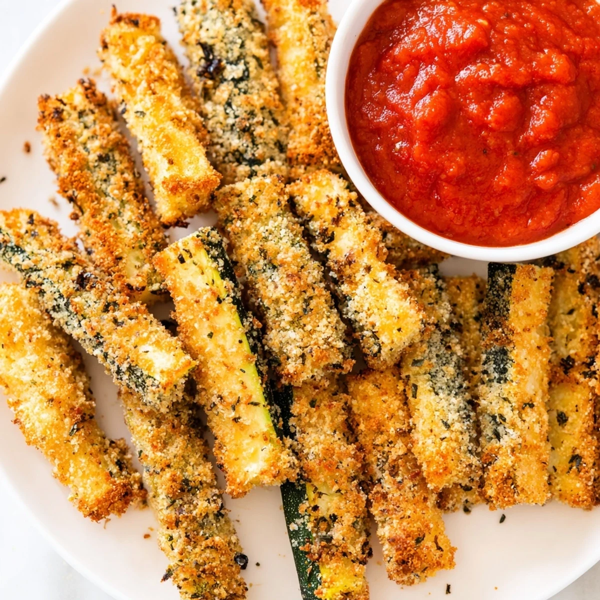 Golden-baked Baked Zucchini Fries with Marinara Dipping Sauce rest on a rustic plate, showing a crispy panko crust and bright red sauce for dipping.