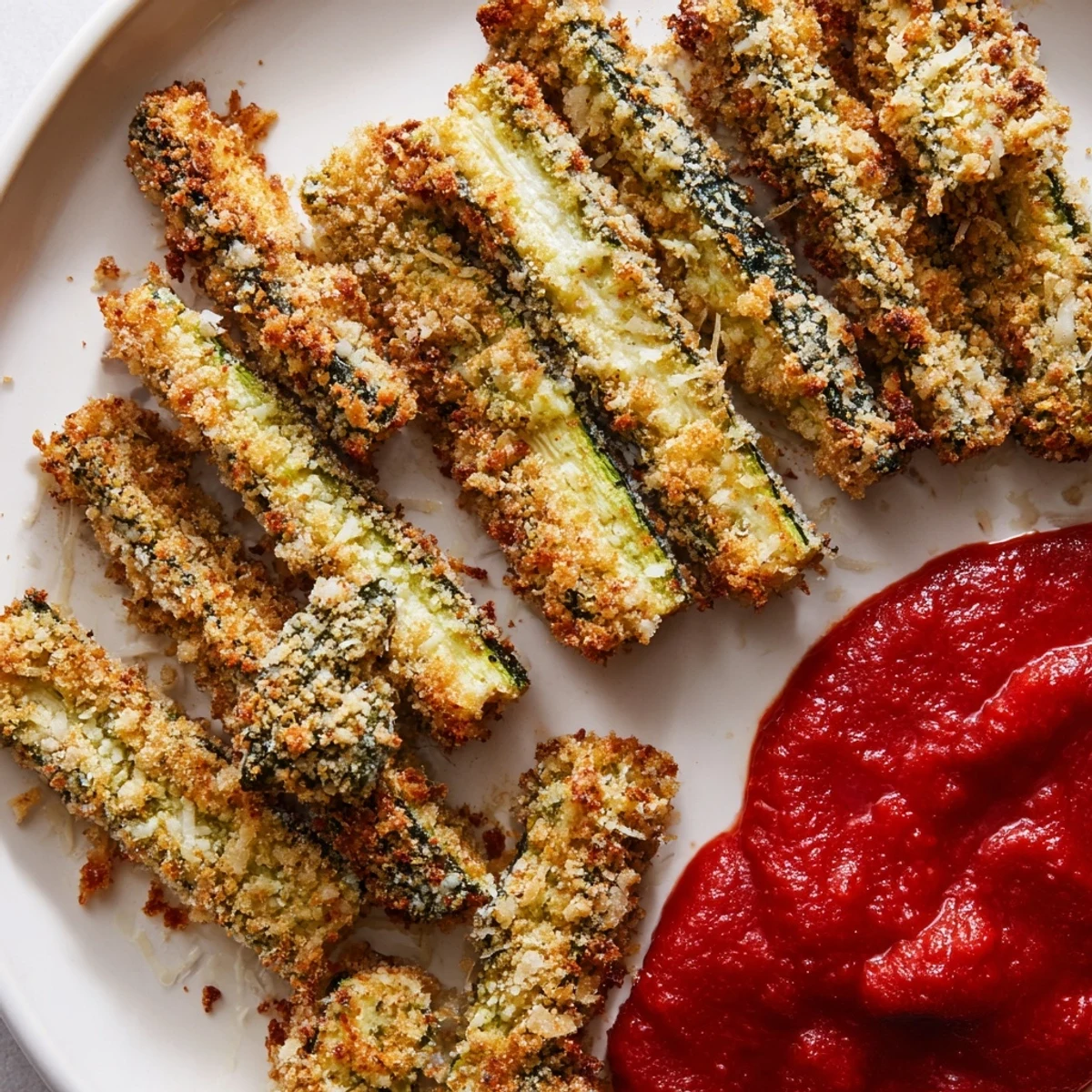 A hand reaches for a crunchy Baked Zucchini Fries with Marinara Dipping Sauce, with steam rising from the warm, tangy marinara in a small bowl.