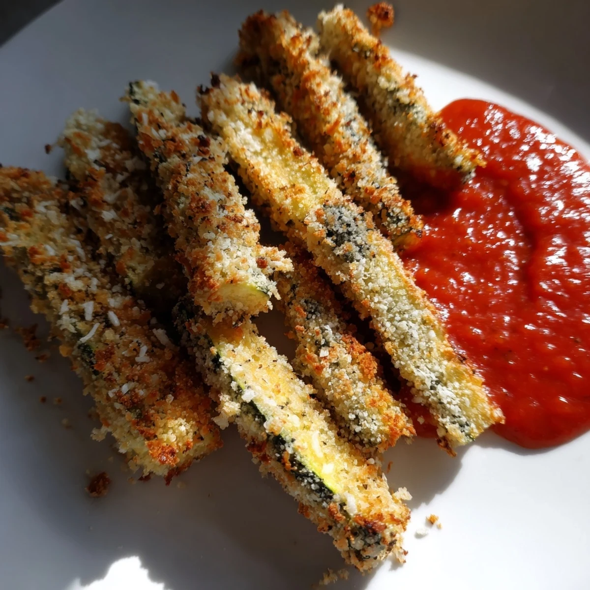 Close-up of Baked Zucchini Fries with Marinara Dipping Sauce, revealing the tender zucchini inside and a sprinkle of Parmesan next to the textured breadcrumbs.