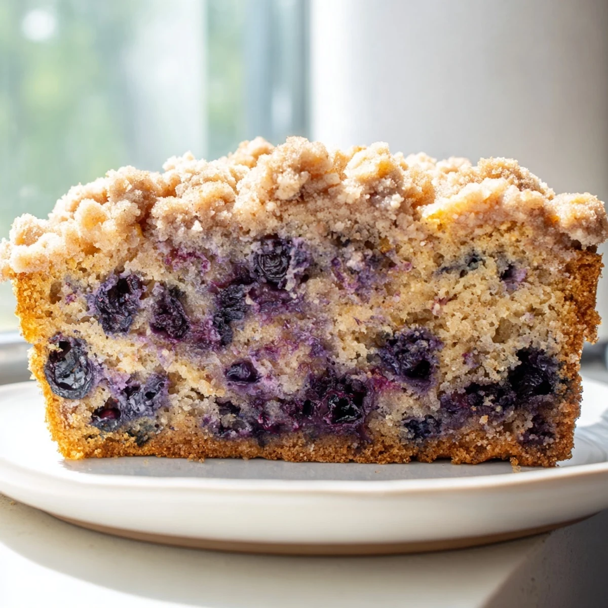Freshly baked Lemon Blueberry Bread with Cinnamon Streusel Topping cooling on a wire rack, showcasing a golden-brown crumb and juicy blueberries.