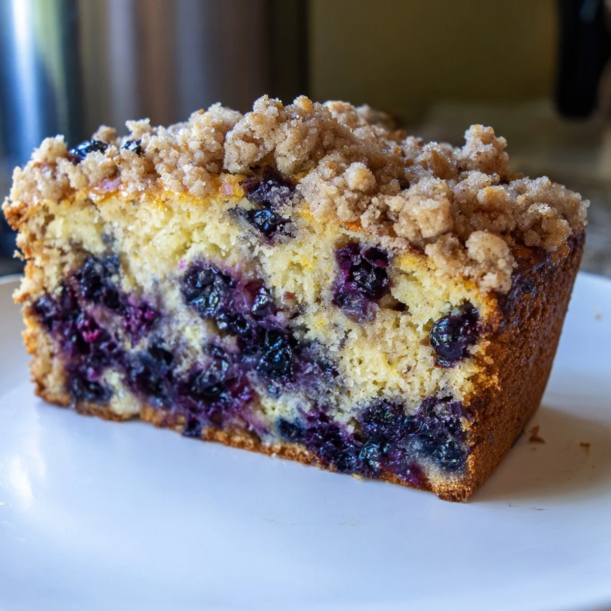 A slice of Lemon Blueberry Bread with Cinnamon Streusel Topping reveals moist crumb, bursting berries, and a sweet, buttery cinnamon crumble topping.